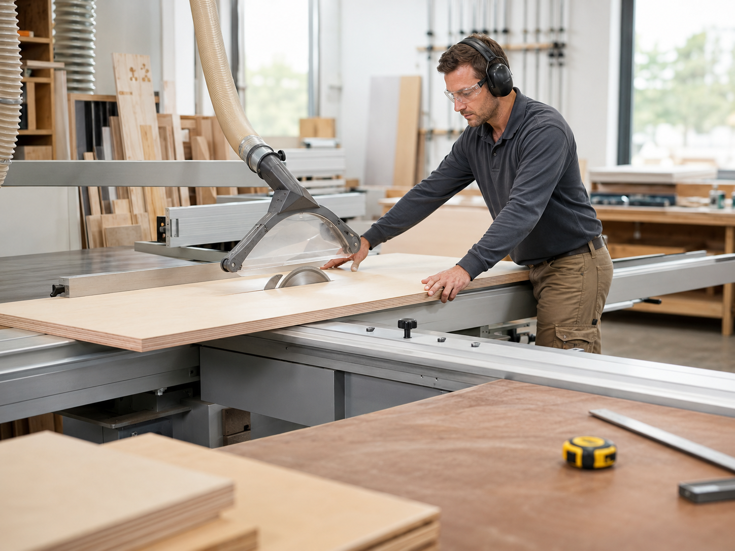 Corte preciso de una plancha de plywood en taller