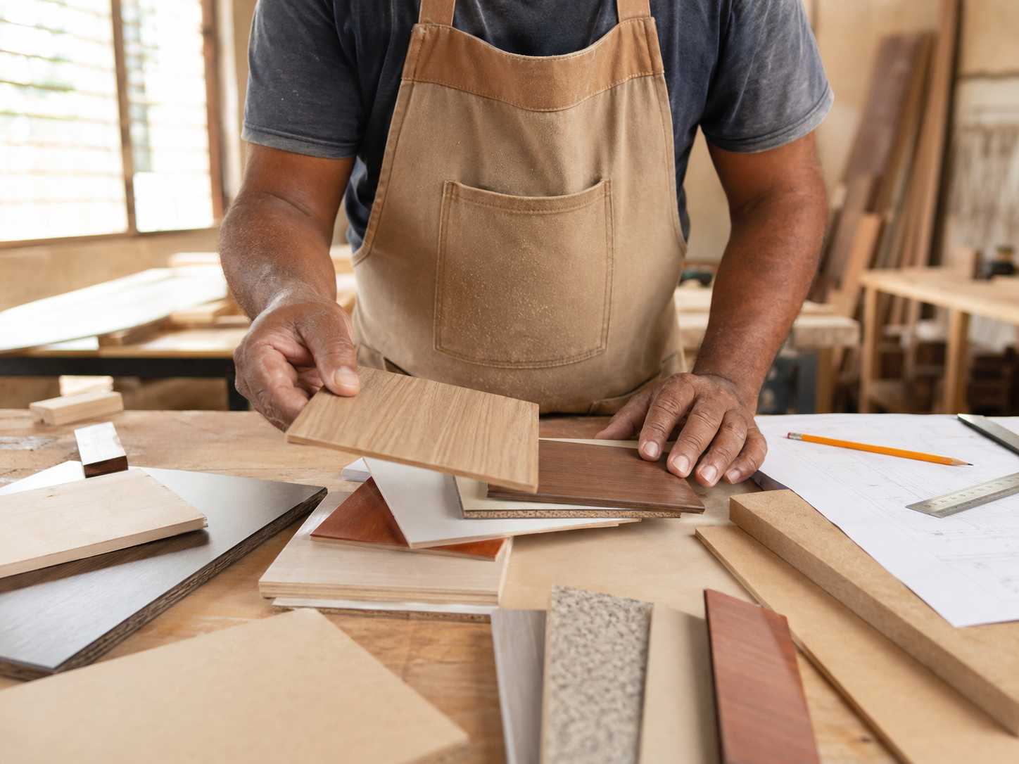 Profesional revisando muestras de madera y materiales para un proyecto